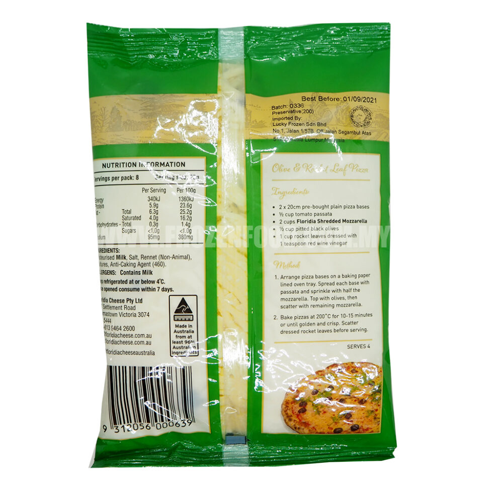 FLORIDIA SHREDDED MOZZARELLA CHEESE (200G) Frozen Food Best Priced